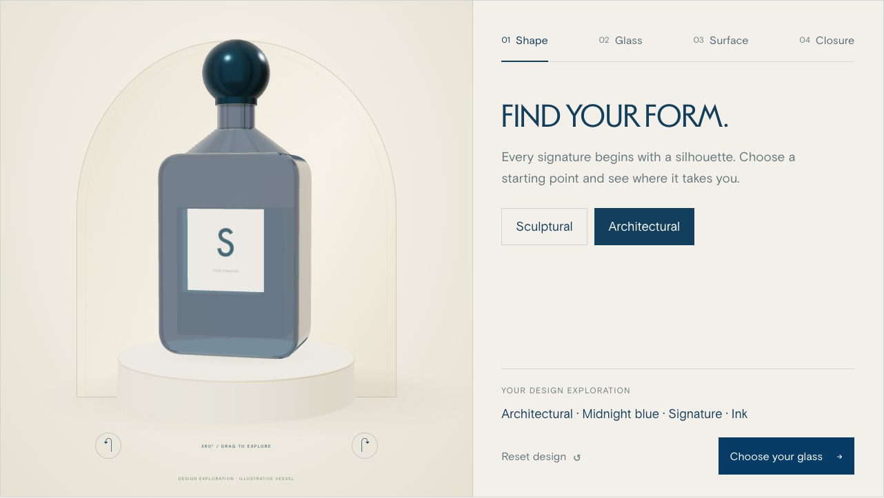 Interactive bottle studio with shape, glass, surface and closure controls and a summary of the selected design