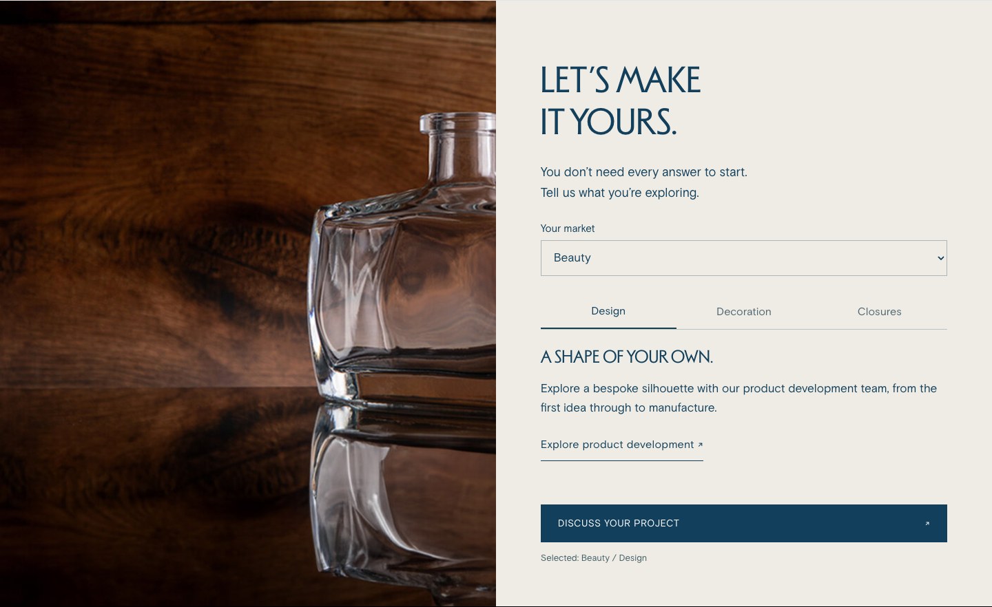 Let’s make it yours section with a market selector, Design, Decoration and Closures tabs, and a Discuss your project action