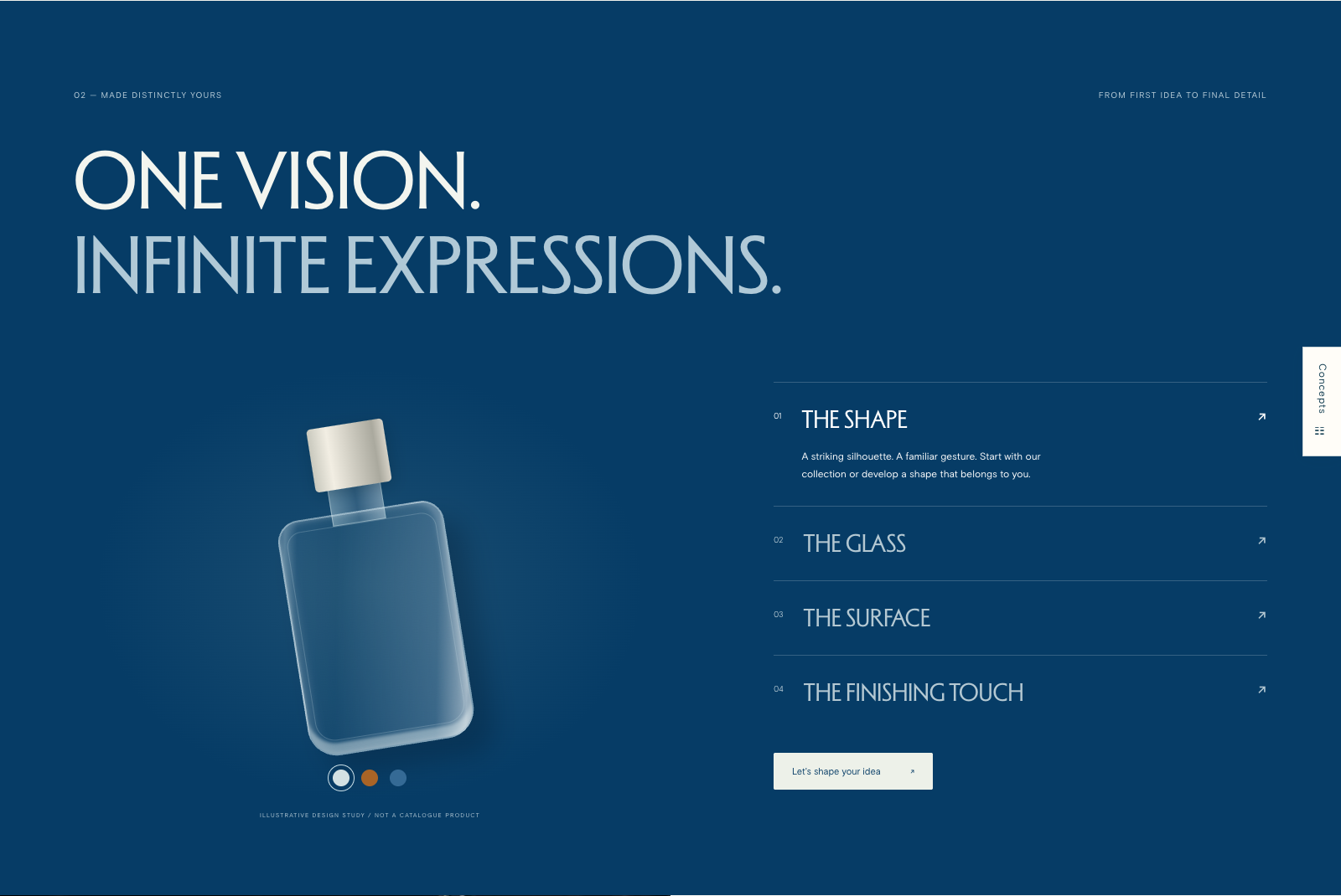 Interactive bottle study with controls for shape, glass, surface and finishing details