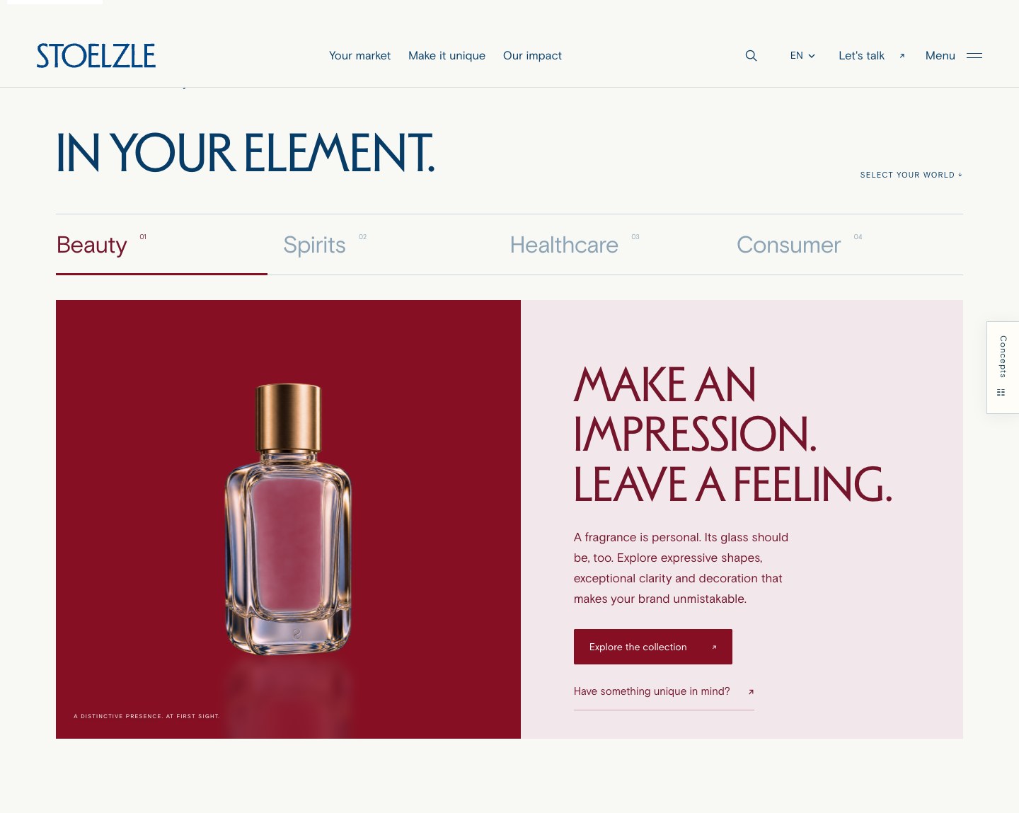 Selectable market tabs with a larger product image and category explanation
