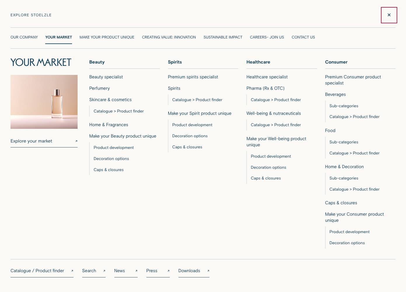 Stoelzle megamenu showing the seven main website branches, four markets and their nested categories