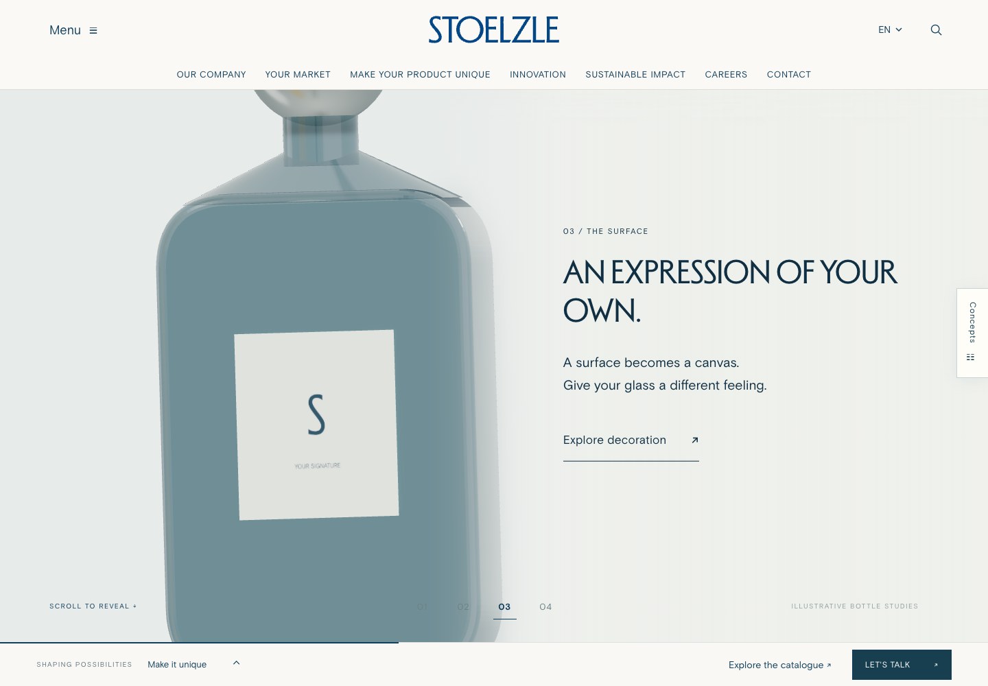 A later chapter in the continuous product story, where the bottle and explanation change as the visitor scrolls