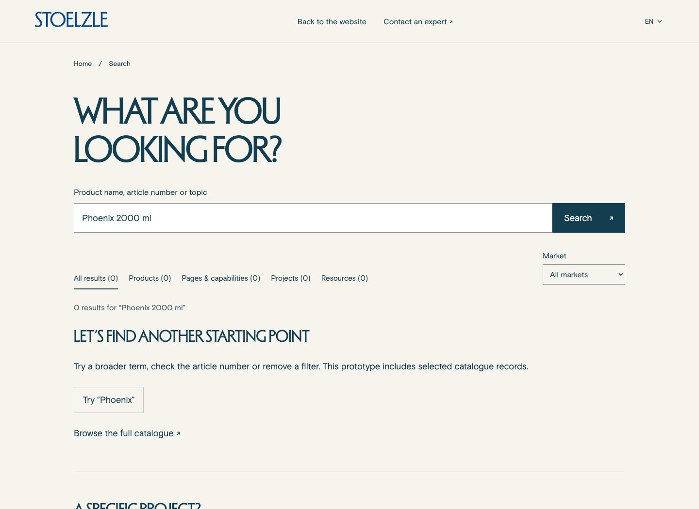 A search with no matching results, offering a broader search and a route to the catalogue