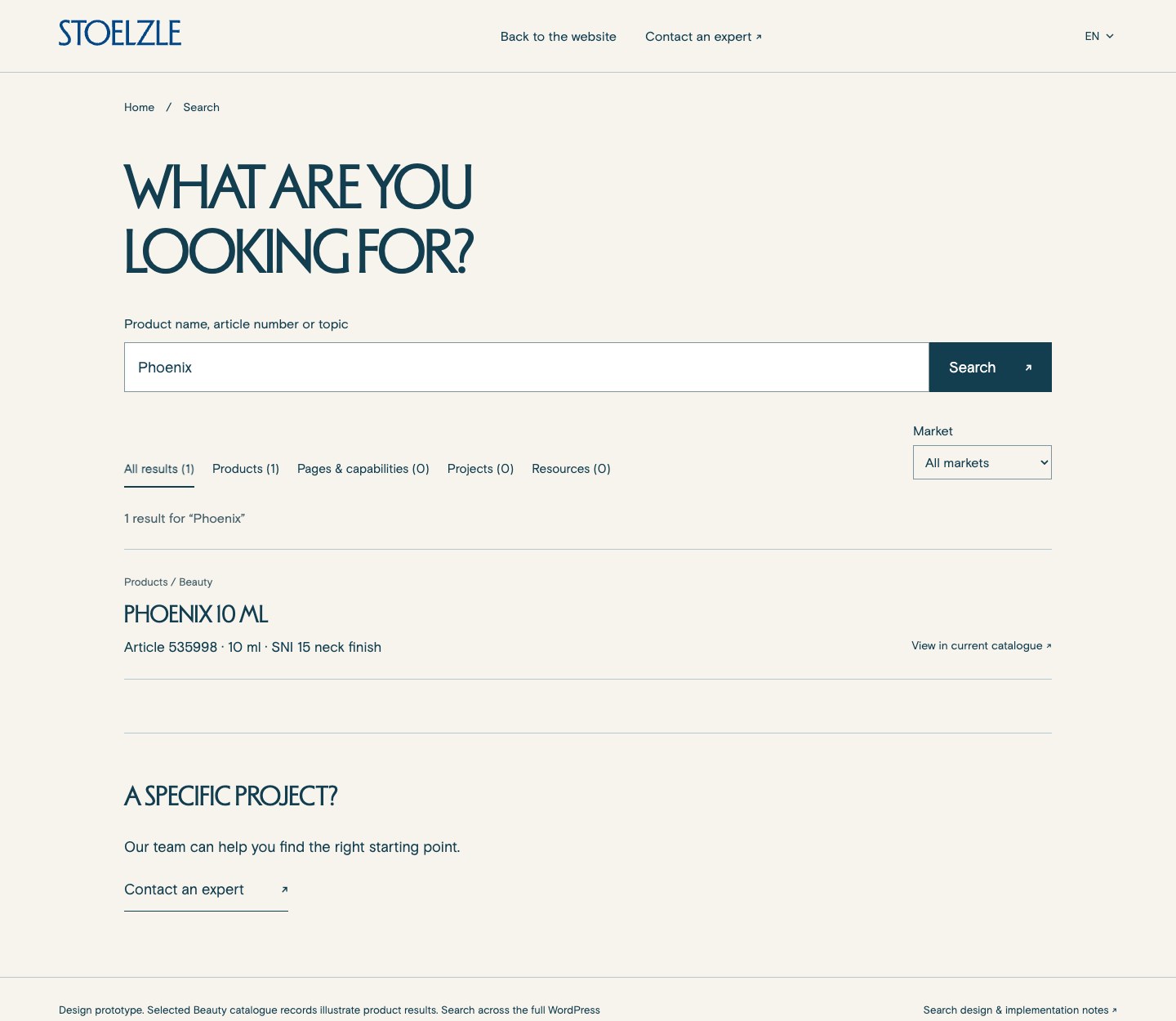 Search results for Phoenix showing a product record with article number, capacity and catalogue link