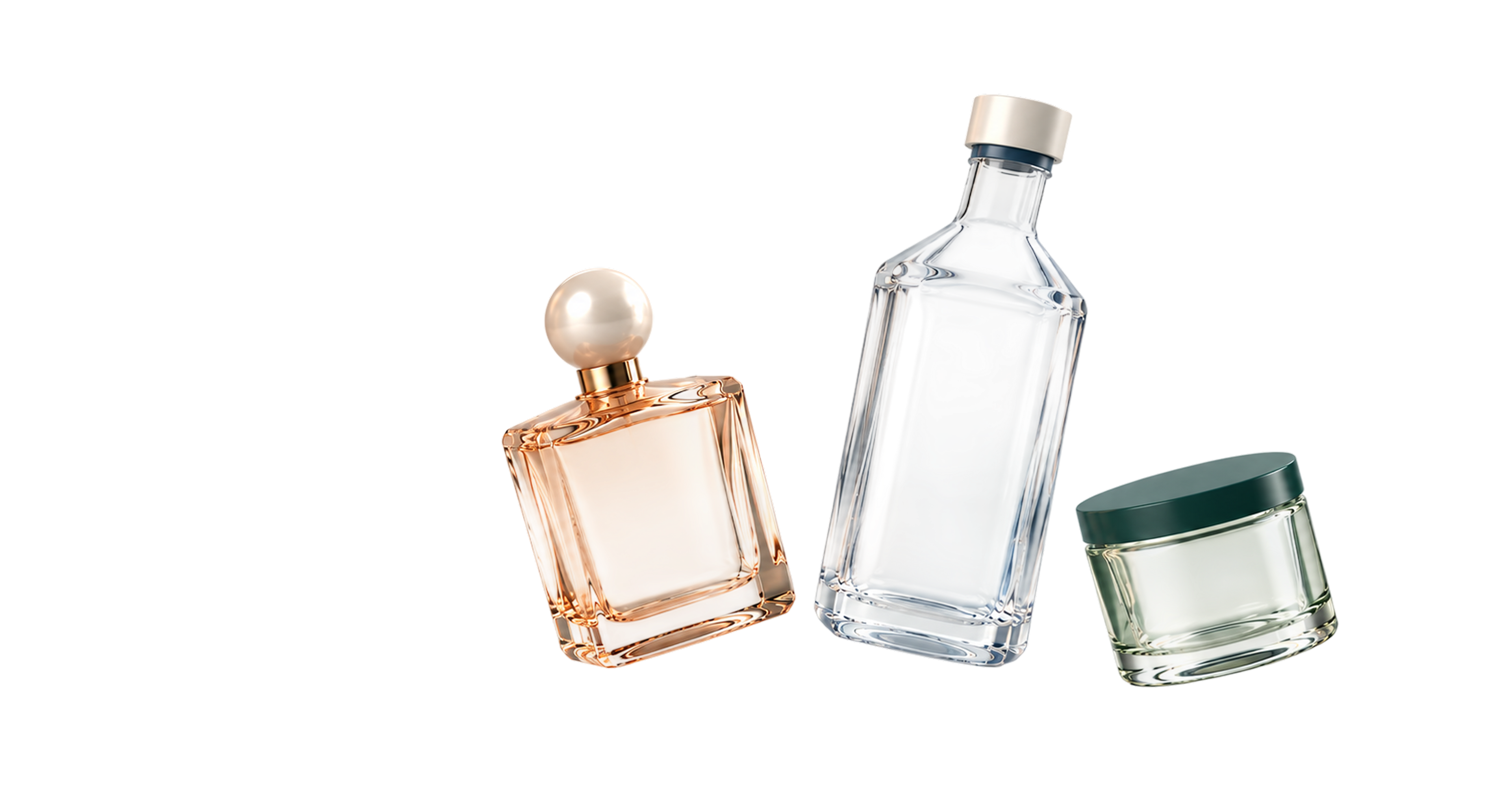 Glass perfume flacon, tall bottle and cosmetic jar