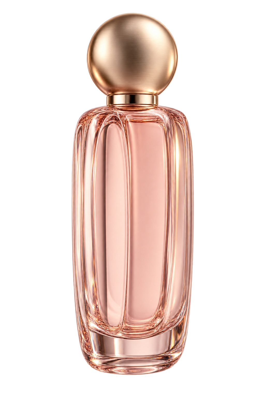 Illustrative fluted blush perfume bottle with spherical champagne cap