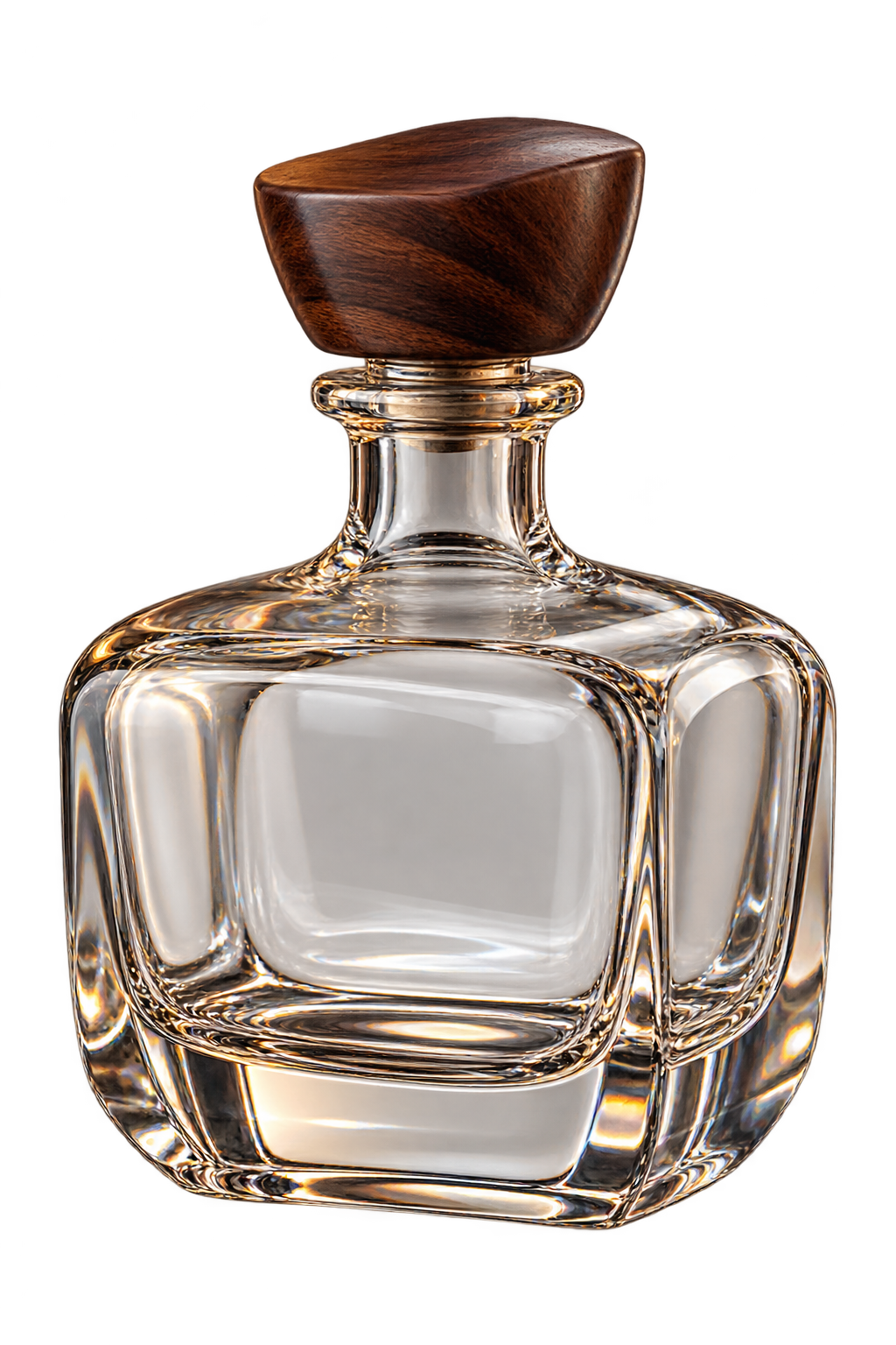 Illustrative crystal spirits decanter with walnut stopper